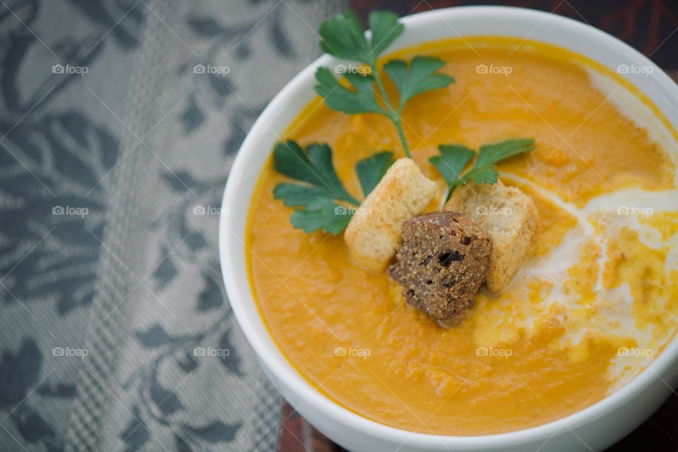 Creamy Pumpkin soup with croutons 