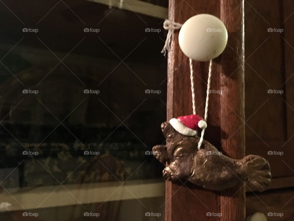 Seal Christmas ornament with a Santa hat on hanging off a cabinet knob.