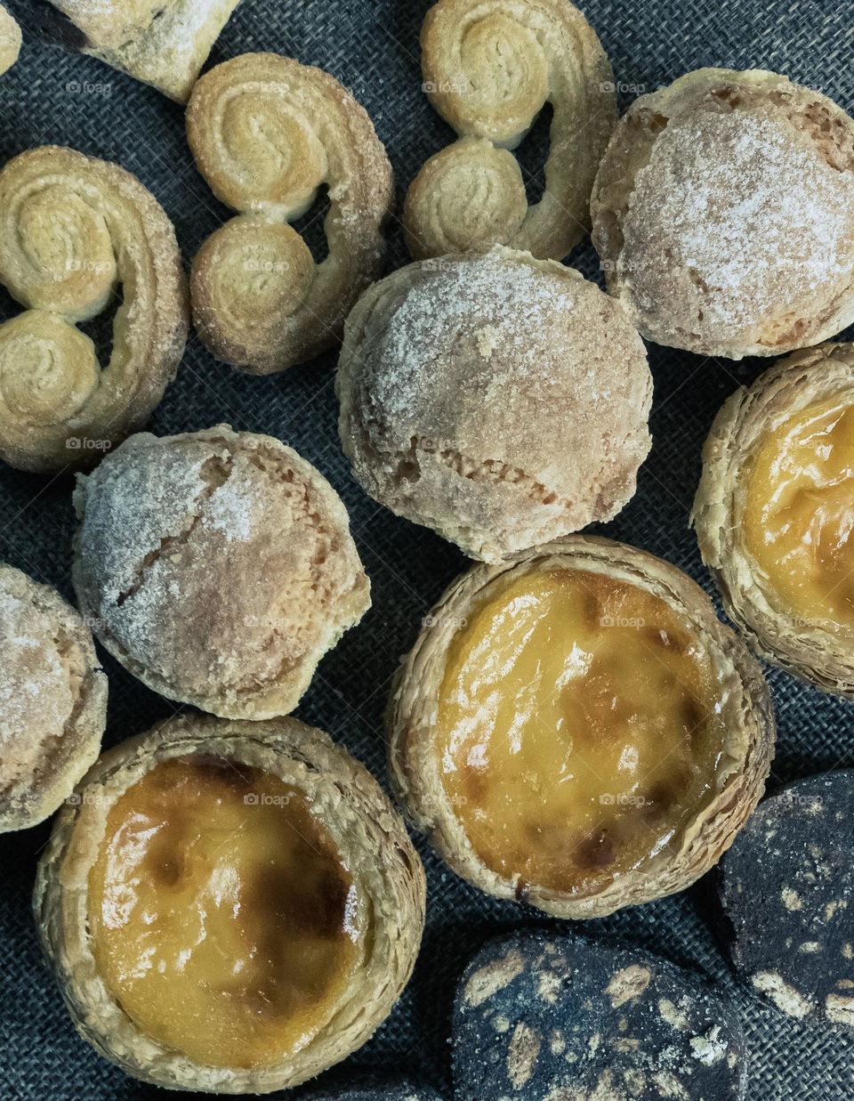 Flat lay of round pastries lined up