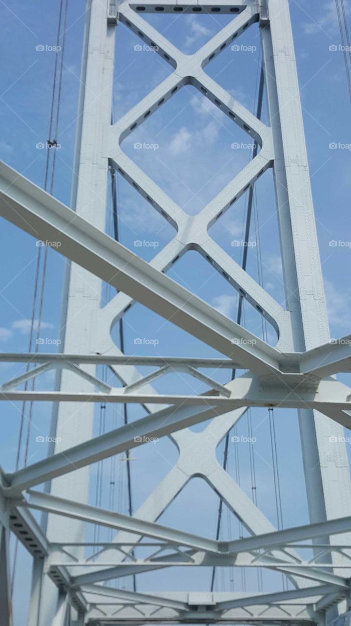 The steel girders of a bridge give an interesting pattern as you travel underneath.