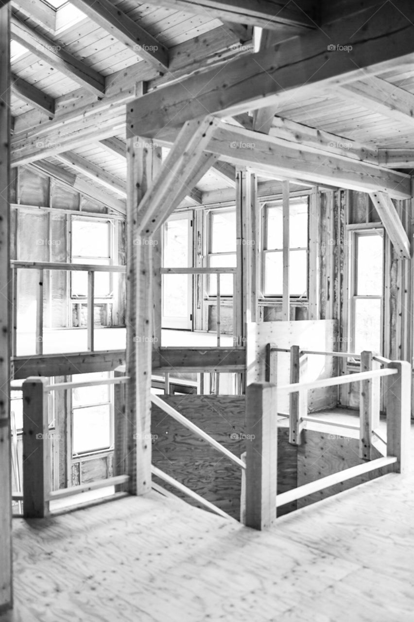 Abandoned home, left just after finishing the construction of the framing. This unique structure, located in Western Montana, sits waiting for the right person to complete this mysterious masterpiece. 