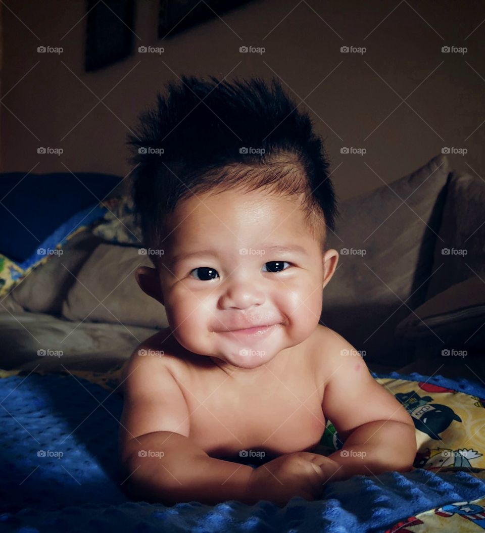 Happy evening lying down on cough