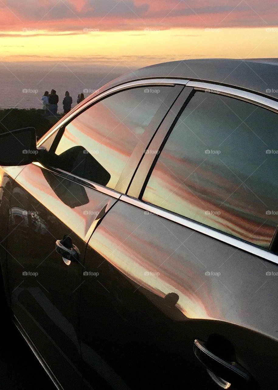 Sunset on the car windows 