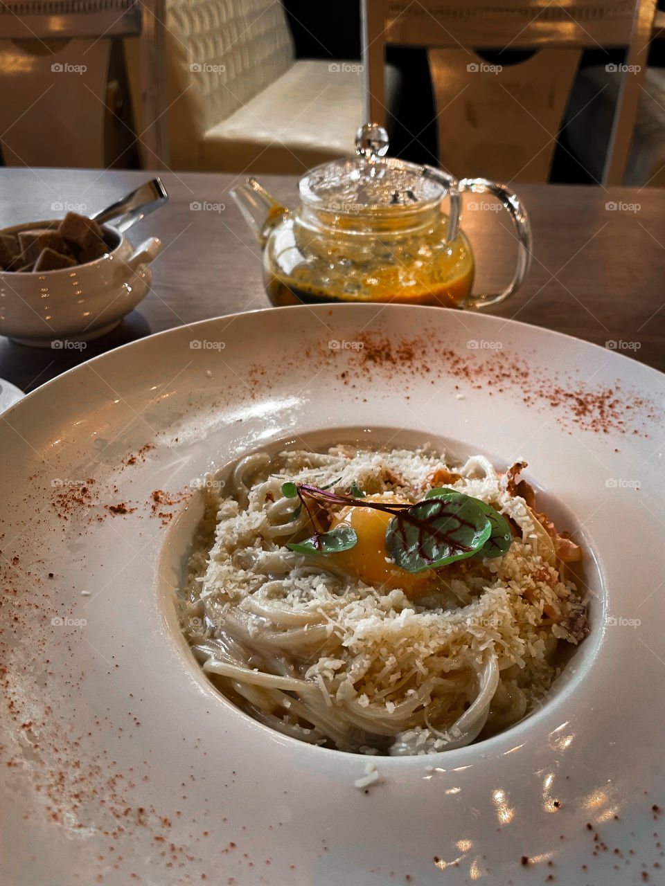 Pasta and buckthorn tea with honey