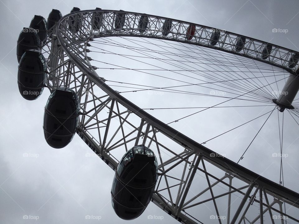 London Eye in black and white seen from below