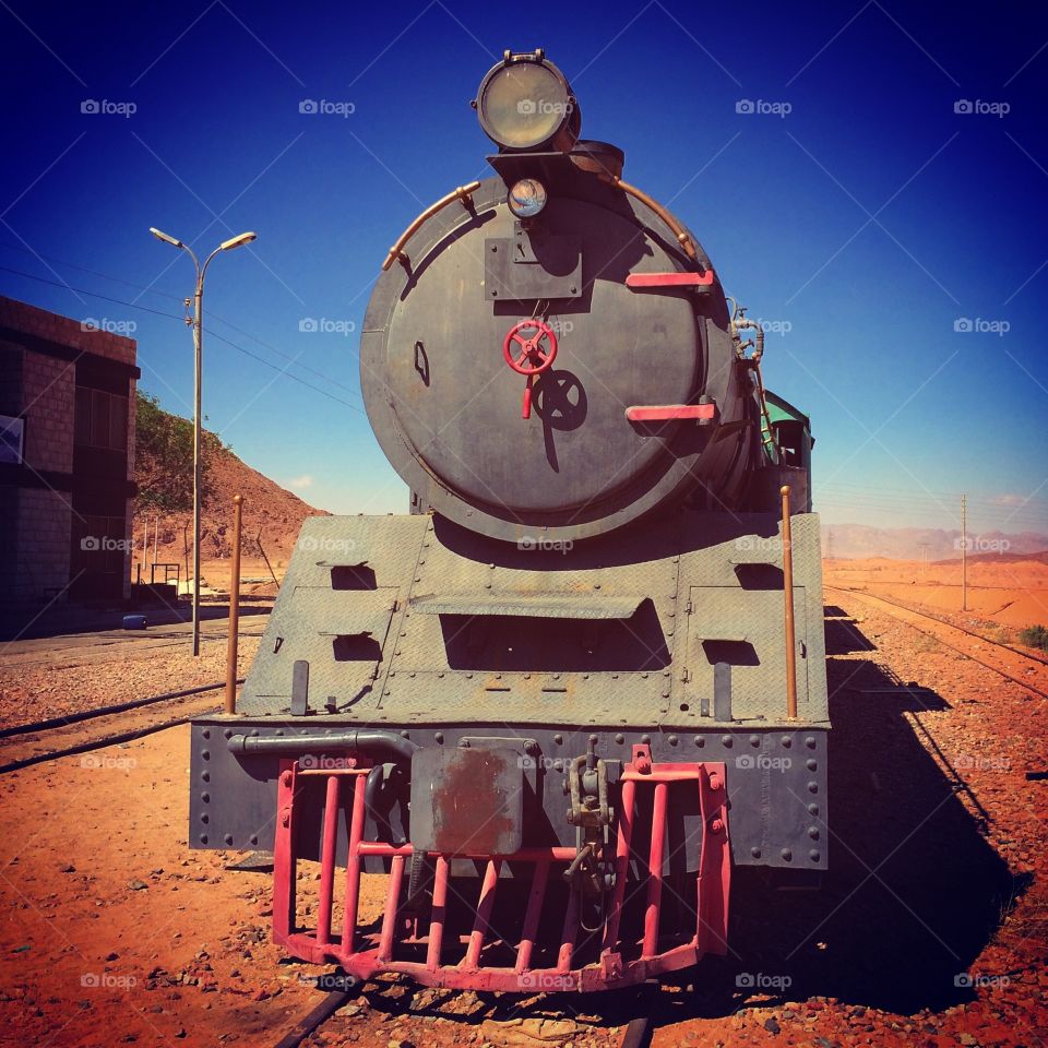 Locomotive abandoned in the desert. Wadi Rum, Jordan. 