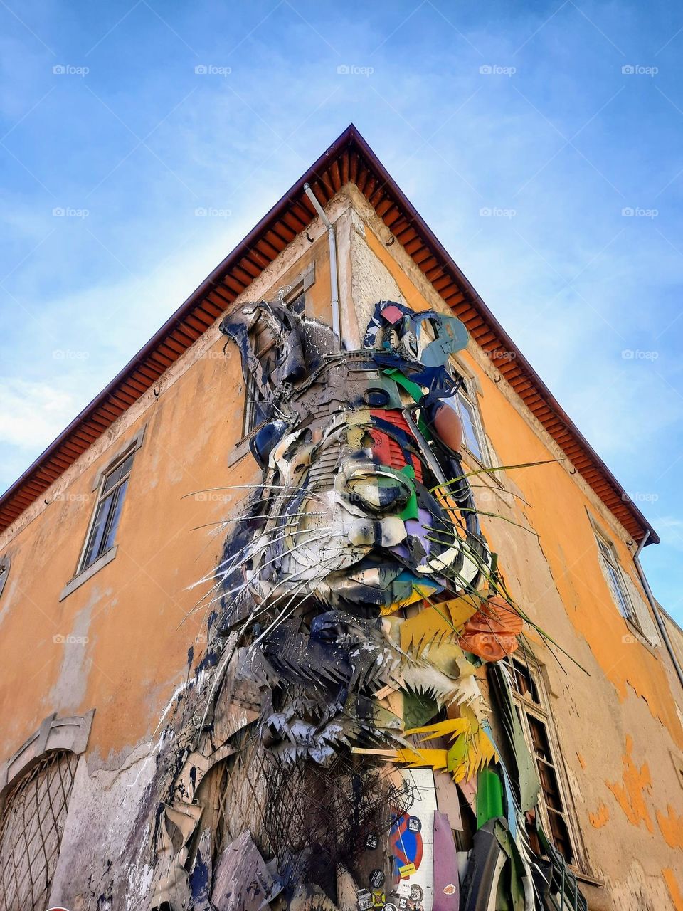 "Coelho" by Bordalo II, street art sculpture made out of recycled materials, Vila Nova de Gaia, Portugal