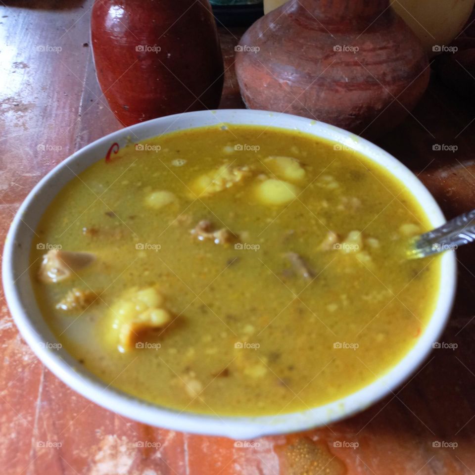 The meat used is intestine, tripe and goat meat