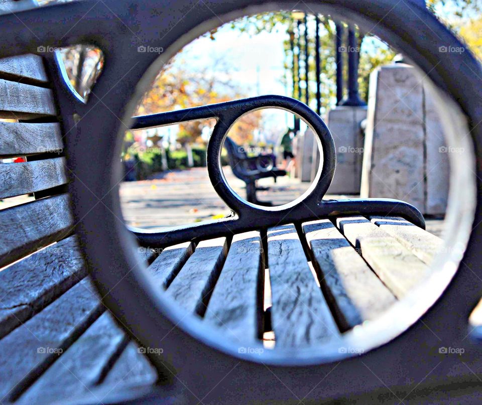 Circles on a park bench along the river front in Sacramento California
