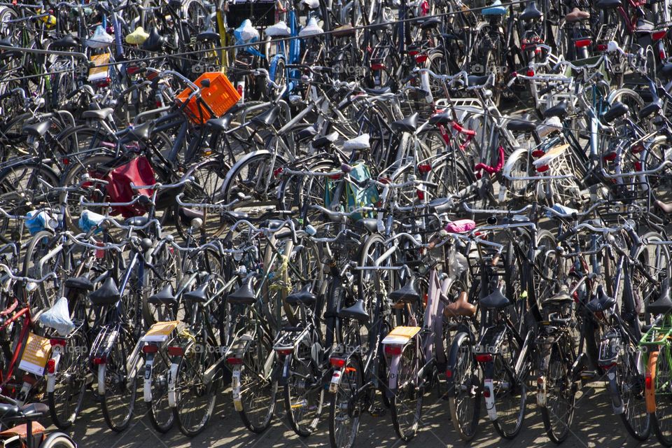 Dutch bikes parked in Amsterdam. 