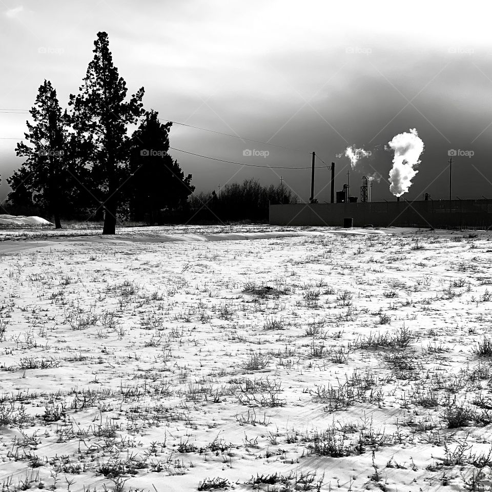 Bright white steam from an industrial plant at the edge of a snow covered field contrasts against a dark and stormy sky. 