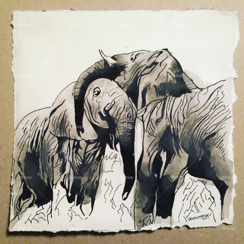 A simple ink sketch of elephants. 