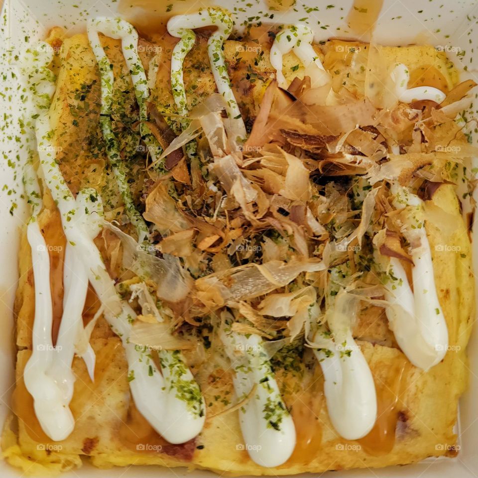 Hiroshima yaki with mayonnaise and bonito flakes