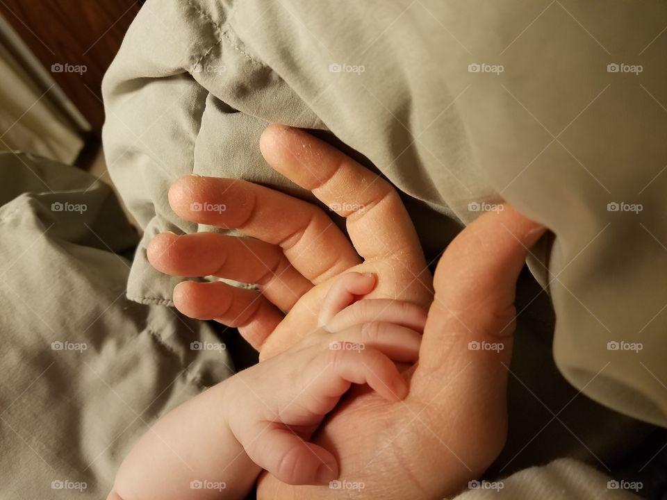 Close-up of father's hand with baby's hand