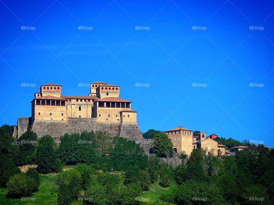 Villages or city.  Spaces of nature.  Italy.  Castello di Torrechiara (lato Sud) among green trees and vineyards.  Harmony