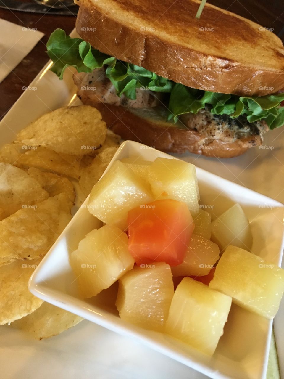 Chicken Sandwich and Fruit