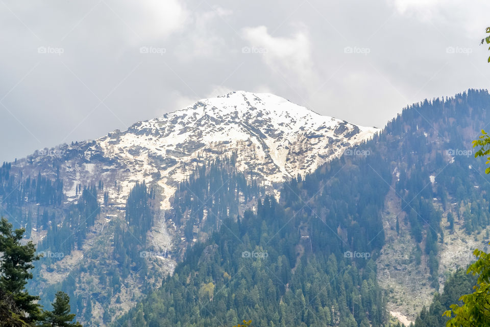 Stunning photograph of Kashmir valley (Paradise on Earth). Beautiful view of Betaab Valley surrounded by snow frozen Himalayas glacier mountains and green fir and pine tree line forest landscape.