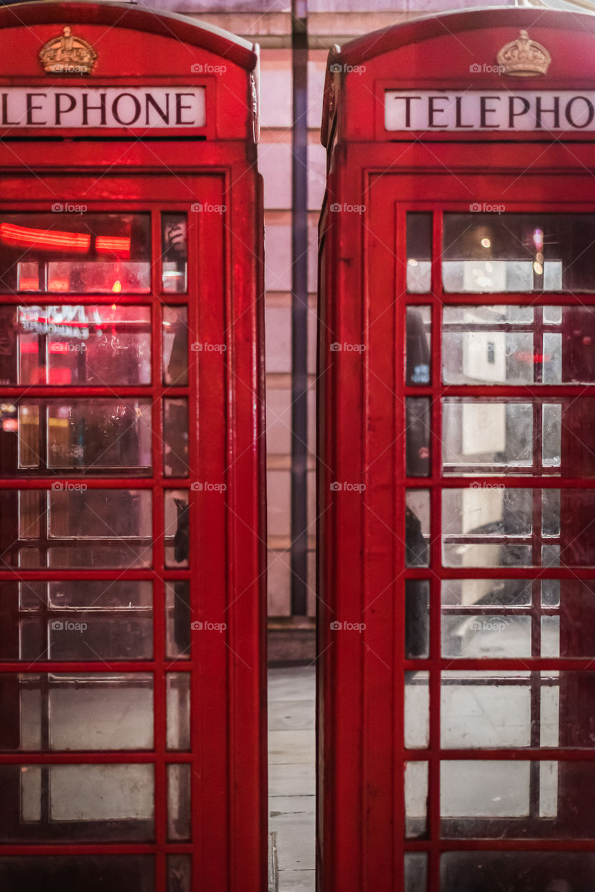London phone booth at night 