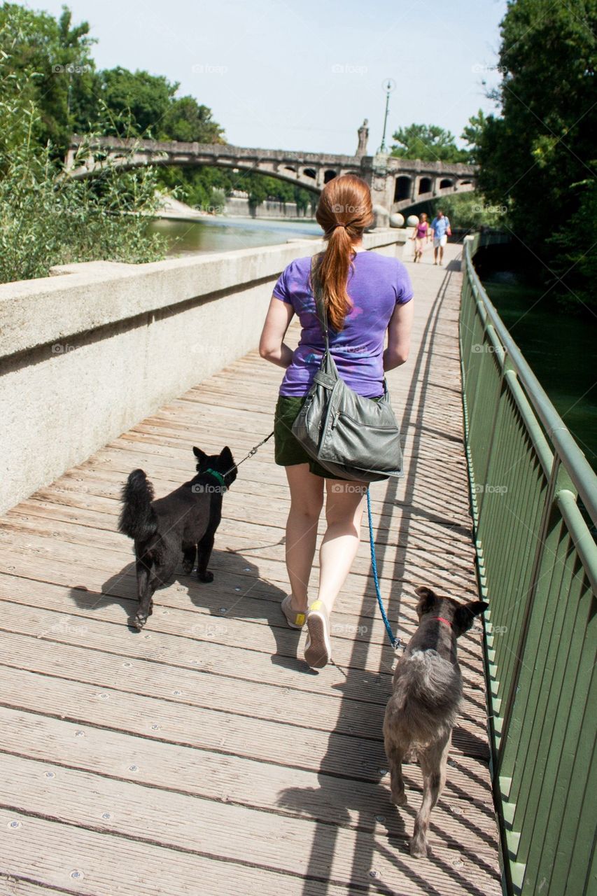 Young woman walking her dogs