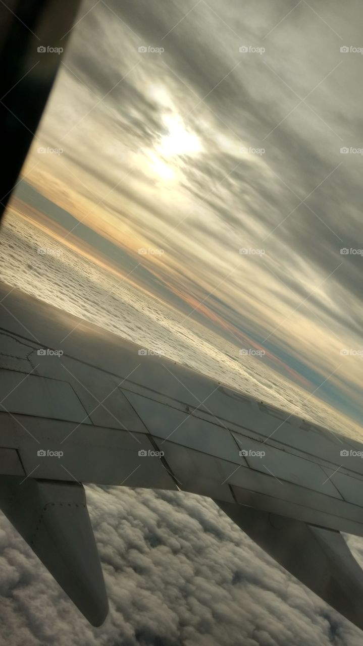 sun, flying, airplane, Window, cloud bed