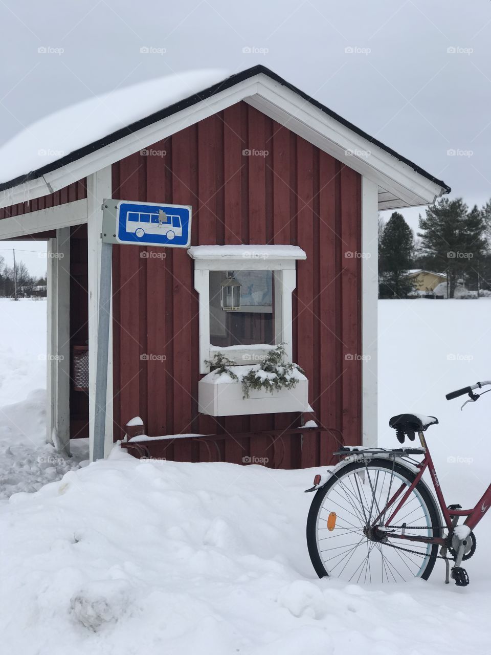 A bus stop in the island of Hailuoto, Finland this past winter. So much snow! 