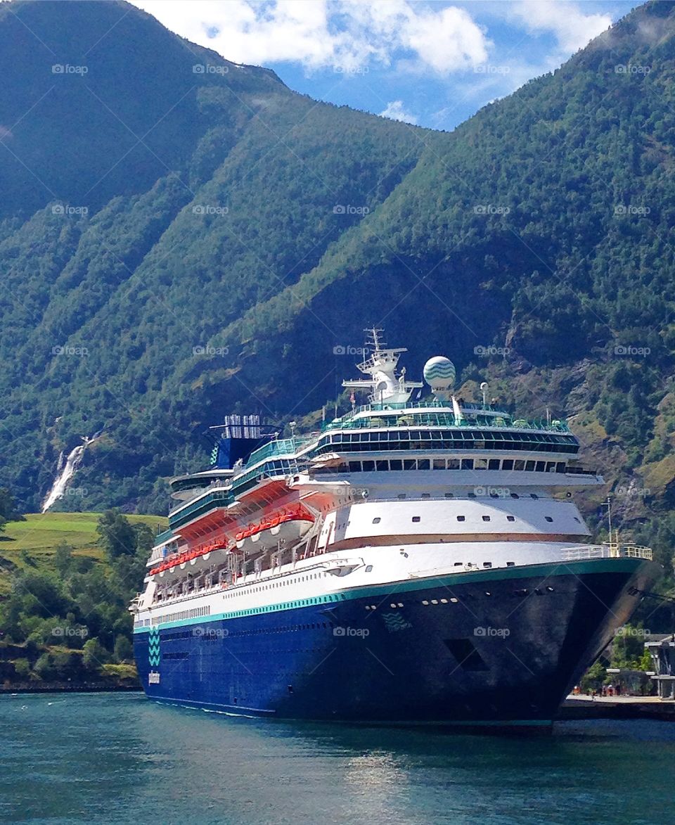 Cruiseship in the village of Flam, Sognefjord, Norway. Unescoworldheritagesite 