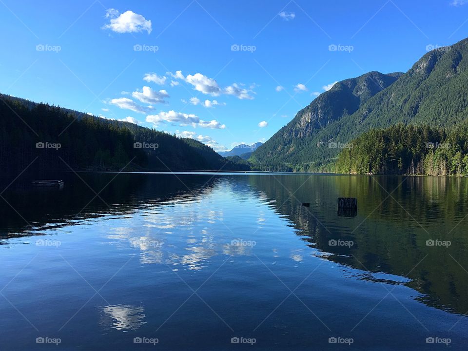 Mountains and clouds reflected on lake
