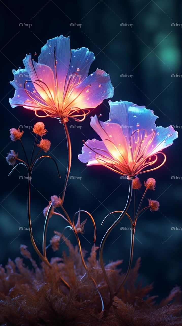 bright blue and violet flowers that are in bloom, in the style of realistic lighting