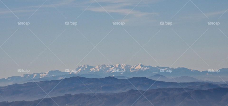 Picture taken from Sljeme on which is the view of in first line Zagorje, in second Triglav and the last, the great Alps