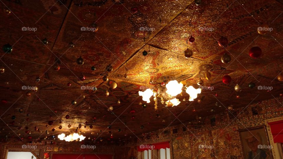 "Beautiful Holy Jewel House of the Rhinestone Cowboy" at the John Michael Kohler Arts Center in Sheboygan, Wisconsin

Ceiling of inside of house