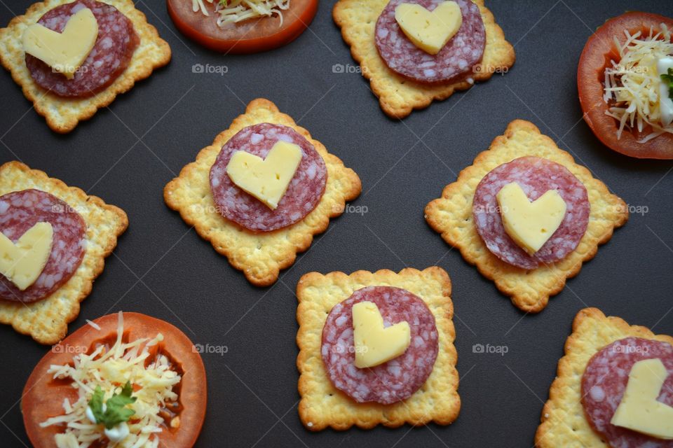 tasty food handmade cheese sausage and cookies top view table background