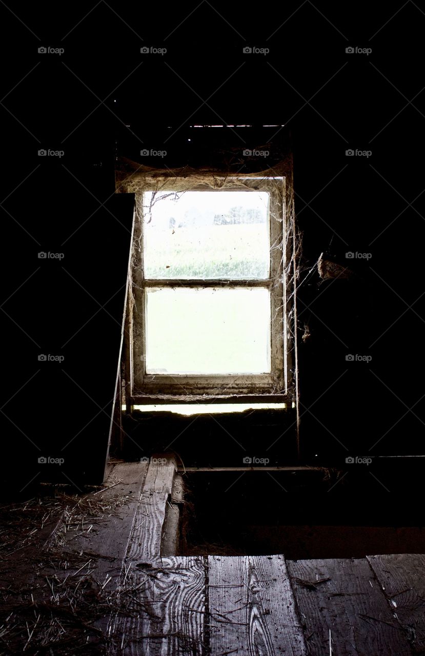 Dim view of countryside through the cobwebs of a hayloft window at the top of well-worn wooden stairs in an old, dusty barn 