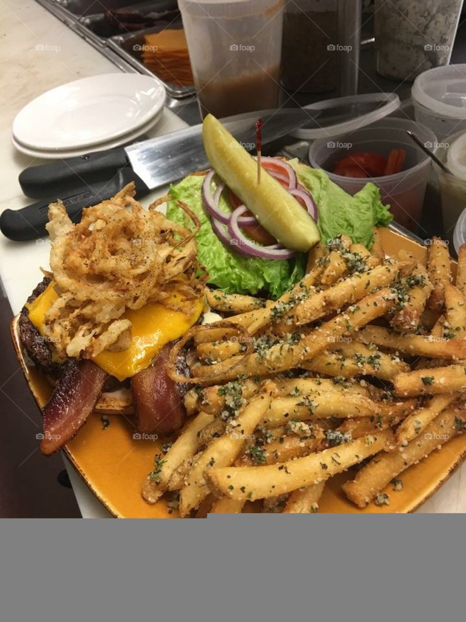 Loaded bacon Burger w/ truffle fries for dinner. 