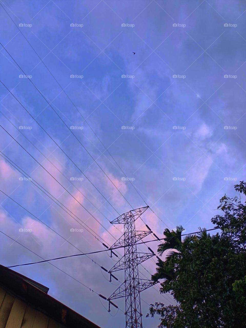 High voltage transmission towers with blue sky background at afternoon.