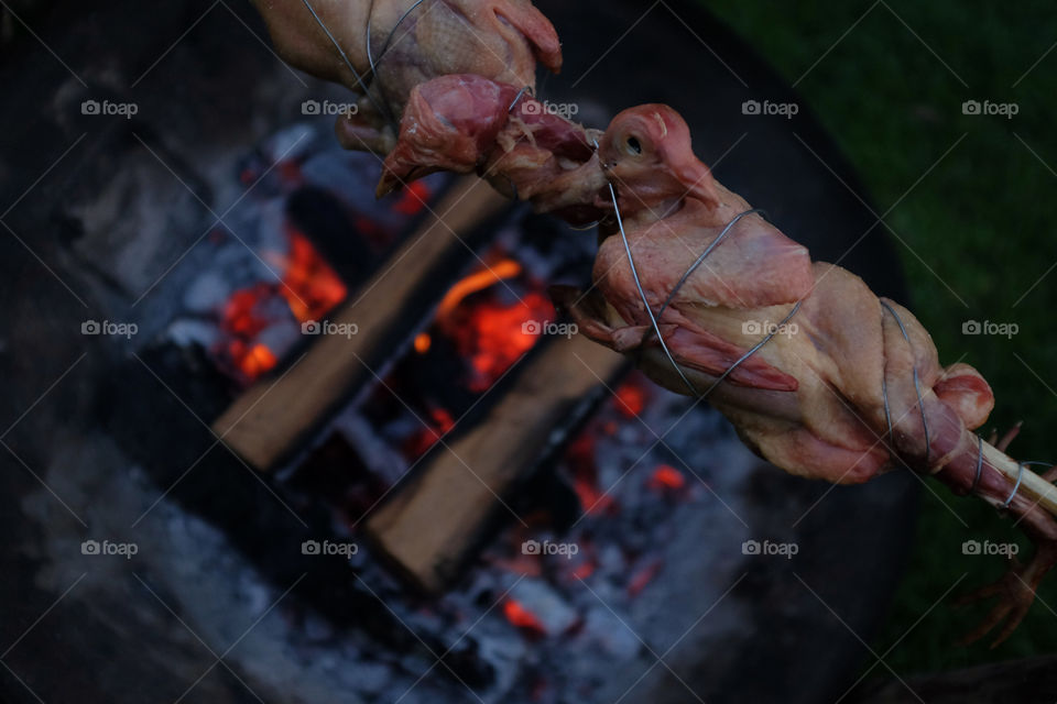 Pigeons cooking on open fire