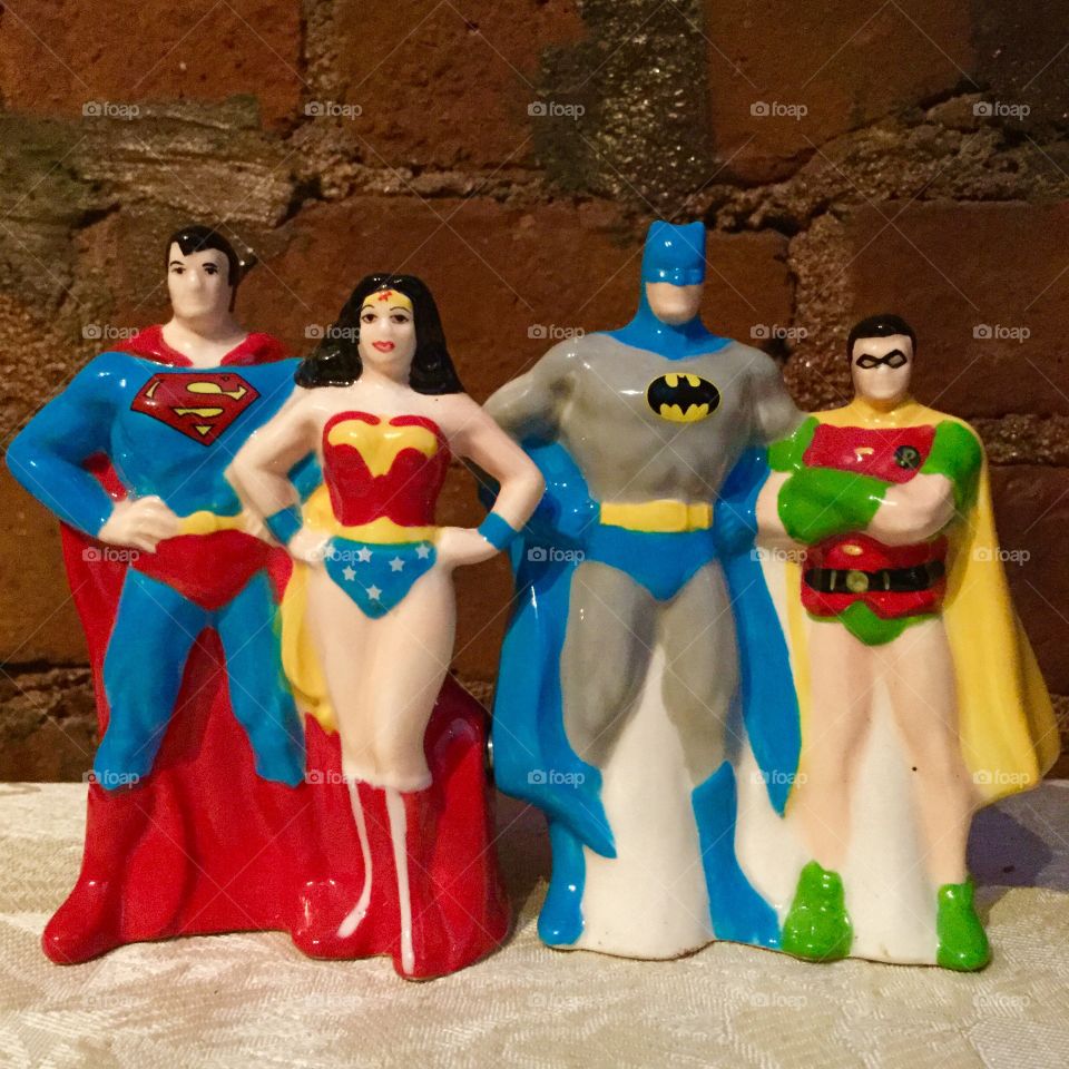 Super Friends salt shakers. If Aquaman were here I'd have the whole team.