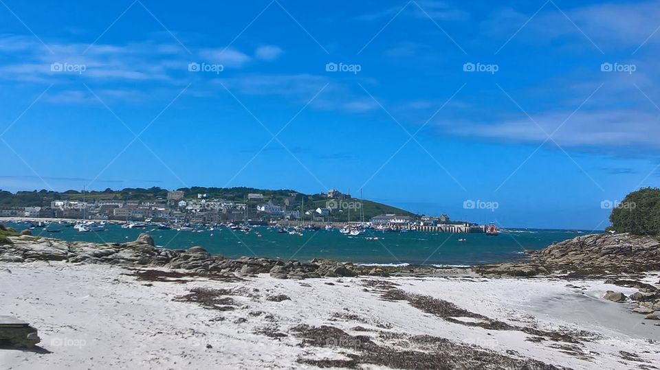 Looking towards St Mary’s harbour from Porthmellon beach, Isles of Scilly 