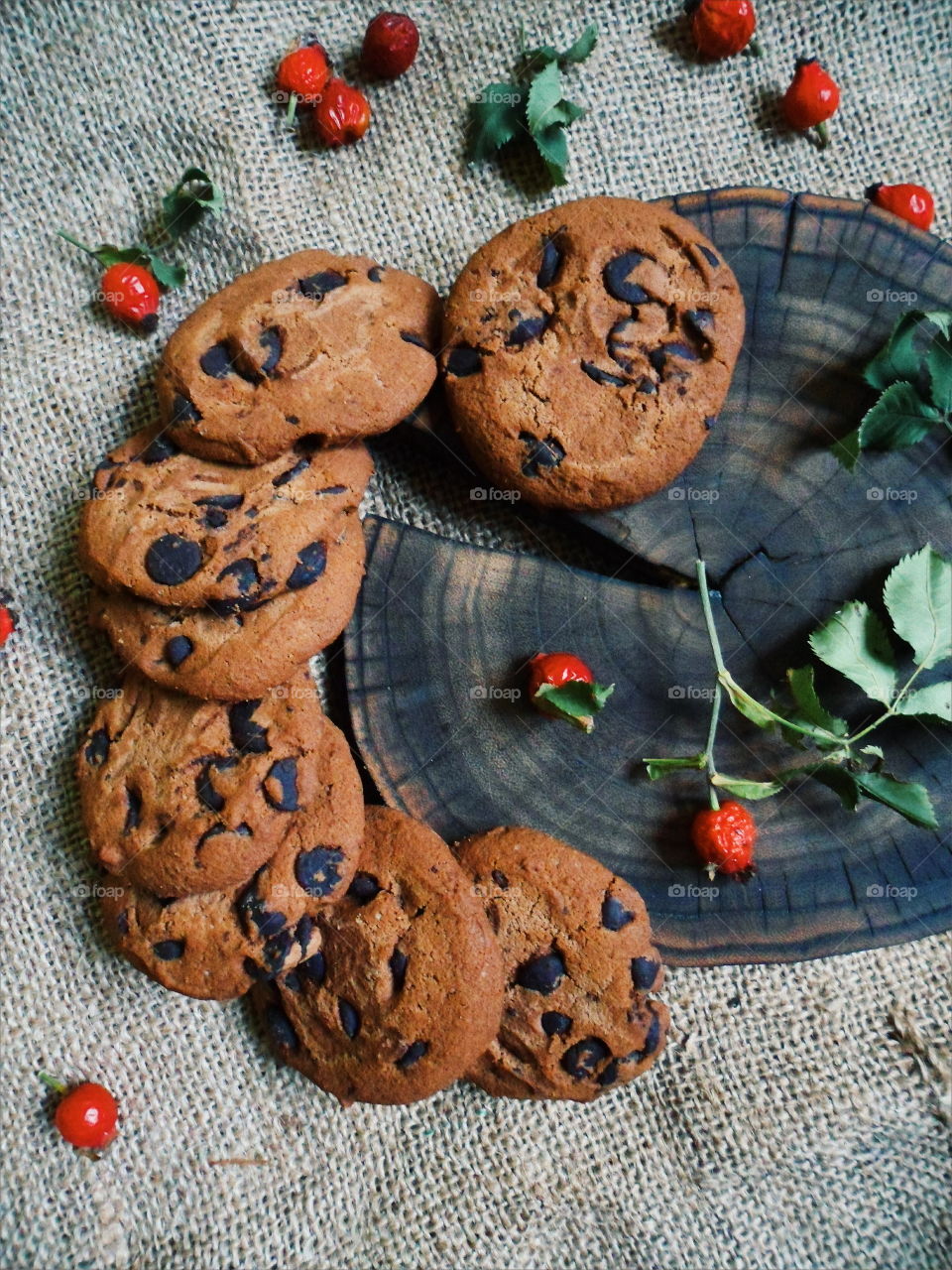 oatmeal cookies with chunks of chocolate and rose hips, dessert