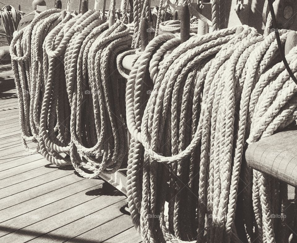 Ropes on ship rail
