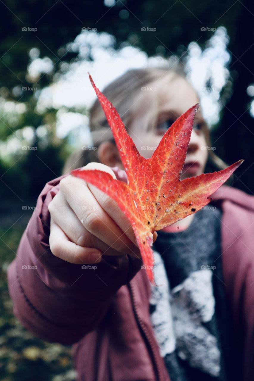 Girl holding fall leaf