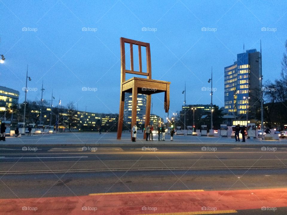 Giant Broken Chair monument to land mine victims outside the UN on the Place des Nations, Geneva