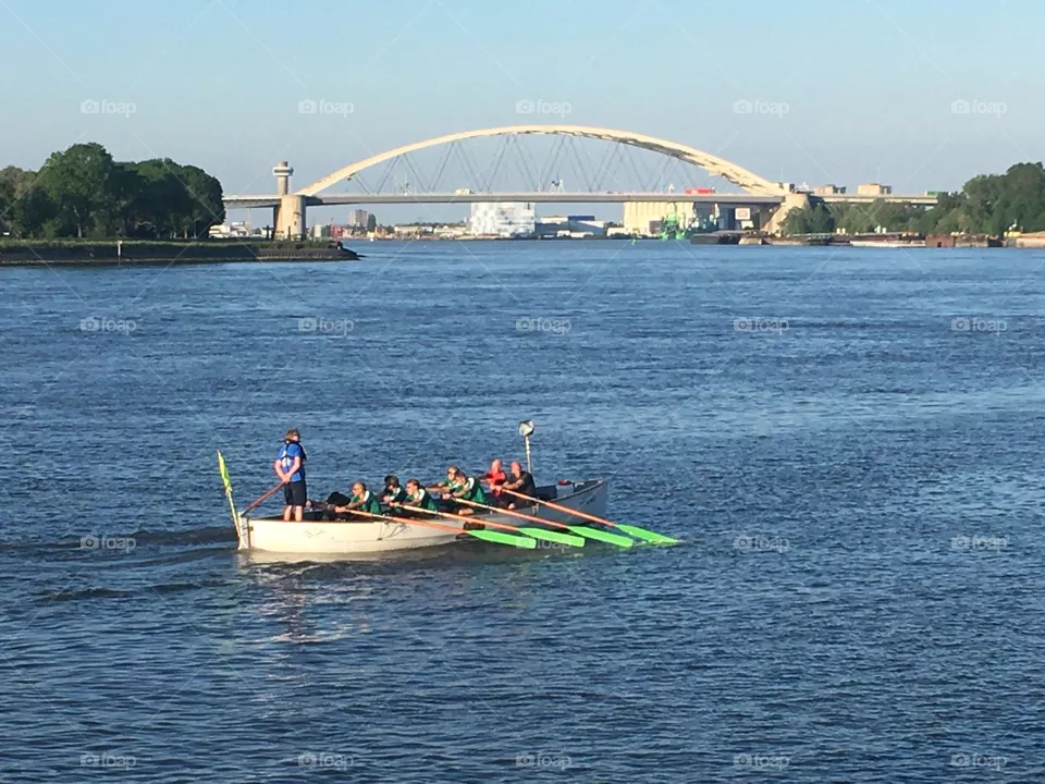 Beautiful Rotterdam bridge with harvesters