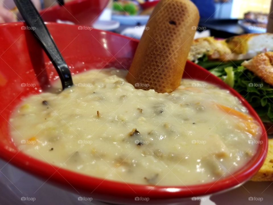 chicken and wild rice soup with bread