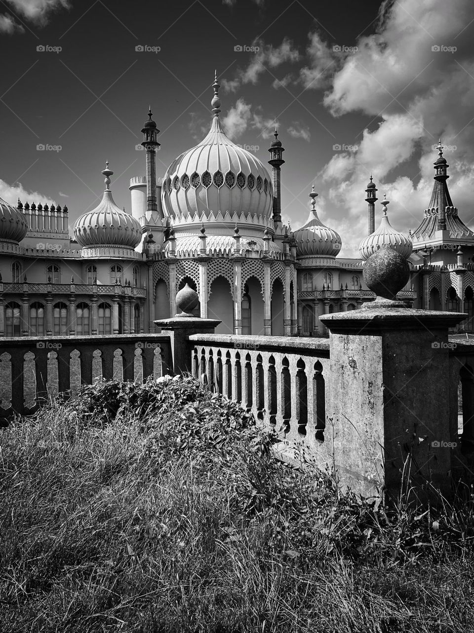 Architectural style. Unique design. Amazing architecture. Royal Pavilion, Brighton, UK.  Black and white street photo.