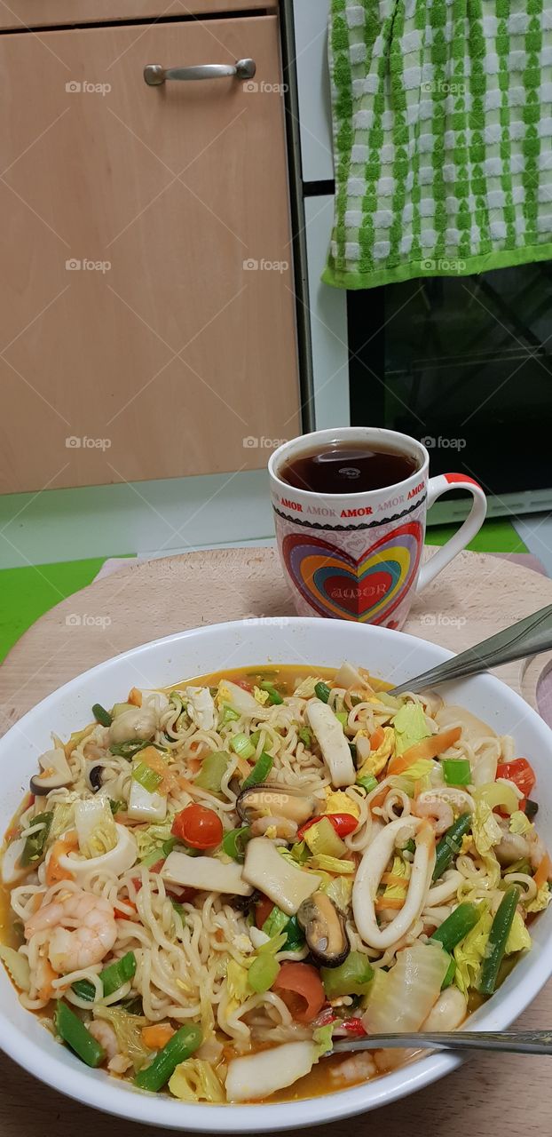 Delicious home made seafood noodle broth