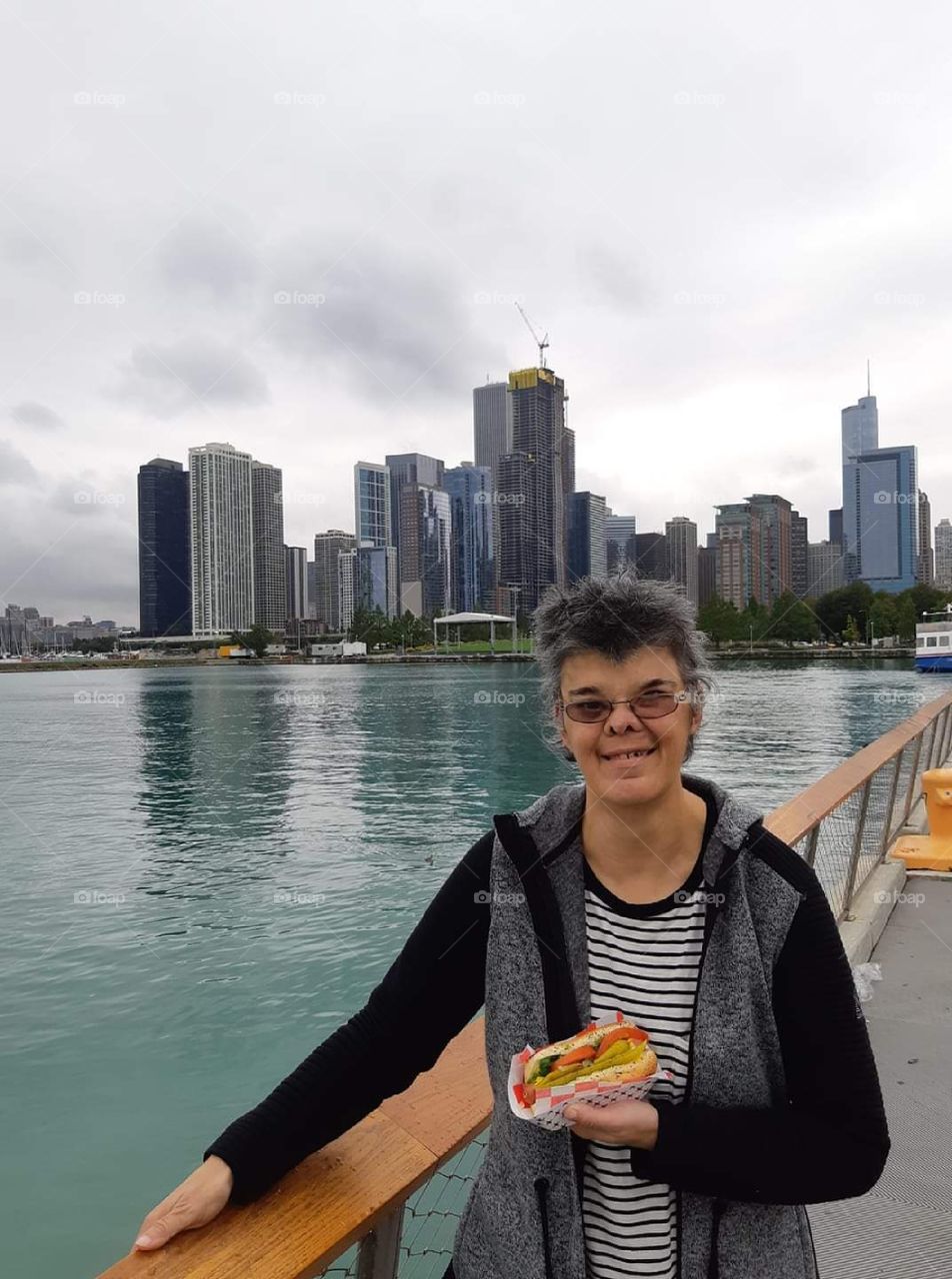 Chicago style hotdogs by the skyline, near Navy Pier. Awesome city