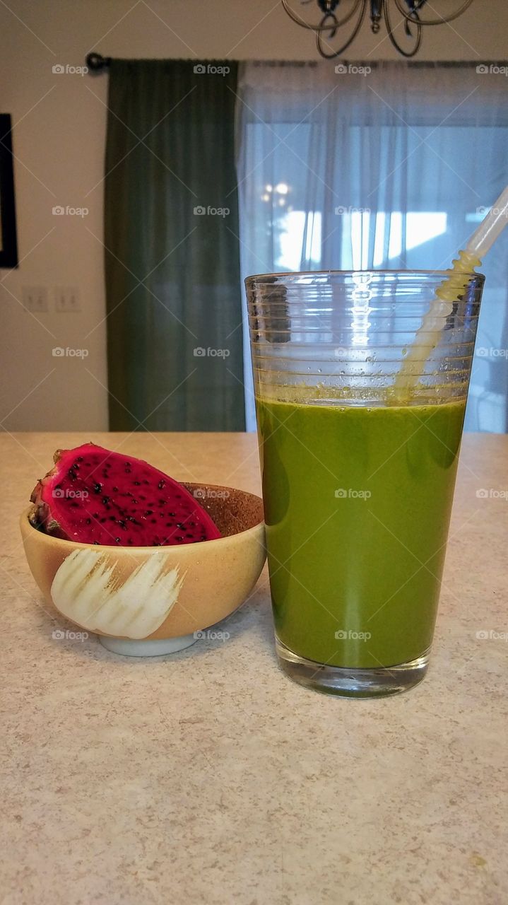 Homemade Green Juice And Dragon Fruit