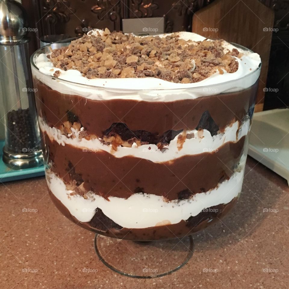 Heath bar, brownie and chocolate pudding trifle 
