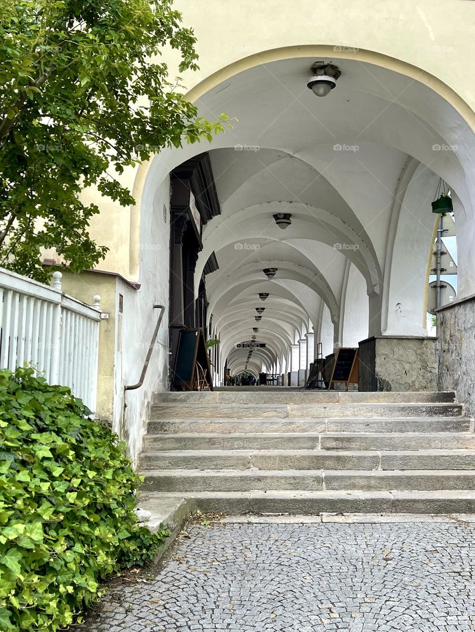 Nice corridor with arches. Czech Republic architecture 