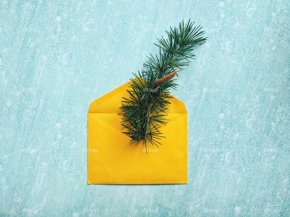 Christmas or New Year composition.  Paper yellow envelope with fir branches on a blue background. Flat lay. Top view.
